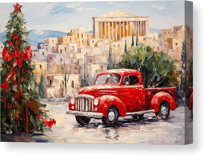 Christmas Art Canvas Print featuring the painting Red Truck at the Temple of Poseidon - A Christmas Fantasy by Lourry Legarde