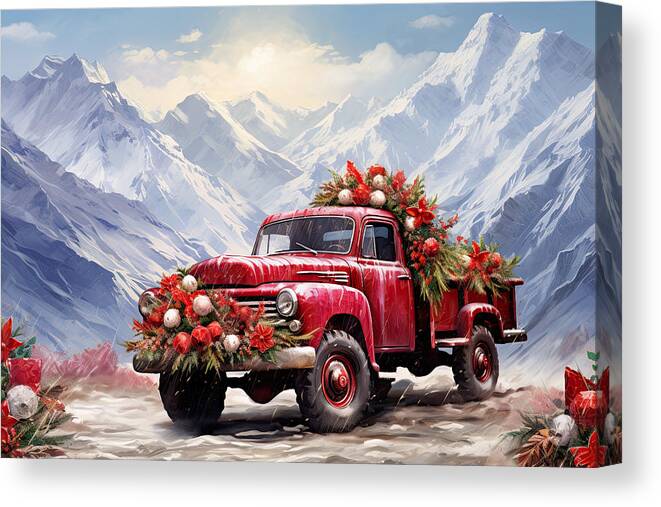 Christmas Art Canvas Print featuring the painting Red Truck in Mount Everest by Lourry Legarde