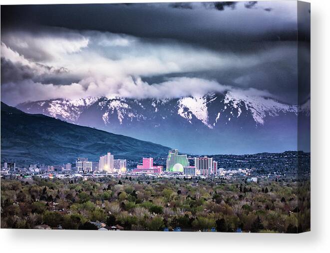 Reno Canvas Print featuring the photograph Reno Skyline - April Storm by Janis Knight