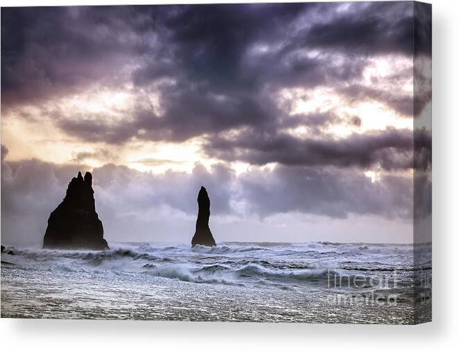 Atlantic Canvas Print featuring the photograph Reynisdrangar basalt rock columns at sunrise, Iceland by Jane Rix