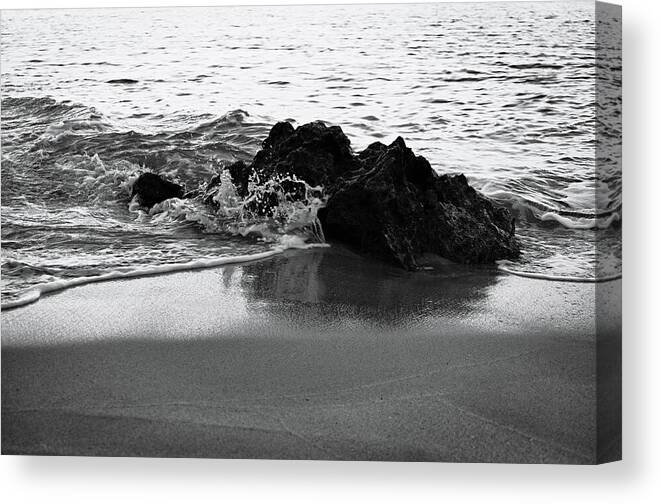 Be Like Water Canvas Print featuring the photograph Rock and Waves in Albandeira Beach. Monochrome by Angelo DeVal