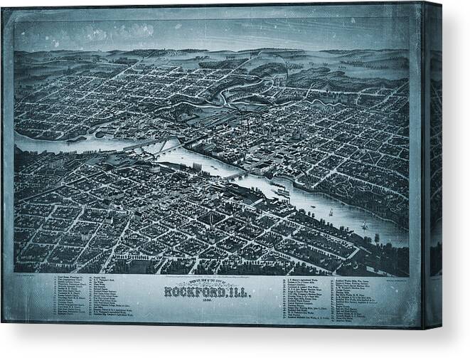 Rockford Canvas Print featuring the photograph Rockford Illinois Vintage Map Birds Eye View 1880 Blue by Carol Japp