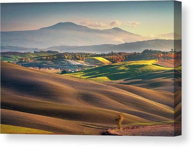 Landscape Canvas Print featuring the photograph Rolling hills and Mount Amiata in Tuscany. by Stefano Orazzini