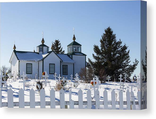 Snow Canvas Print featuring the photograph Russian Orthodox Church, Ninilchik, Alaska. Holy Transfiguration of Our Lord Chapel. by Louise Heusinkveld