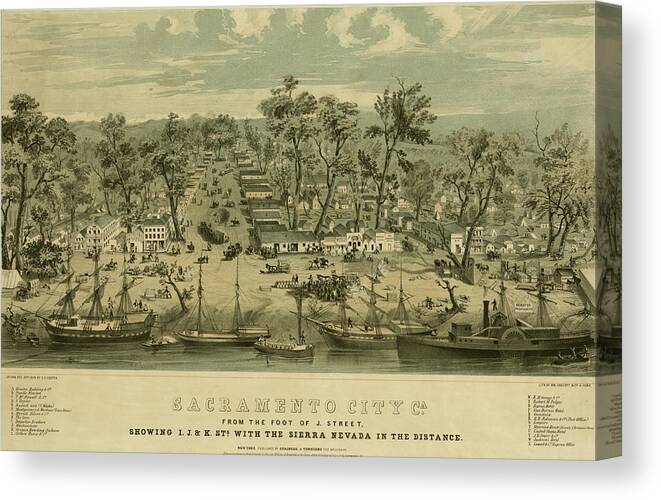 Birds-eye Canvas Print featuring the drawing Sacramento, California 1850 by Vintage Places
