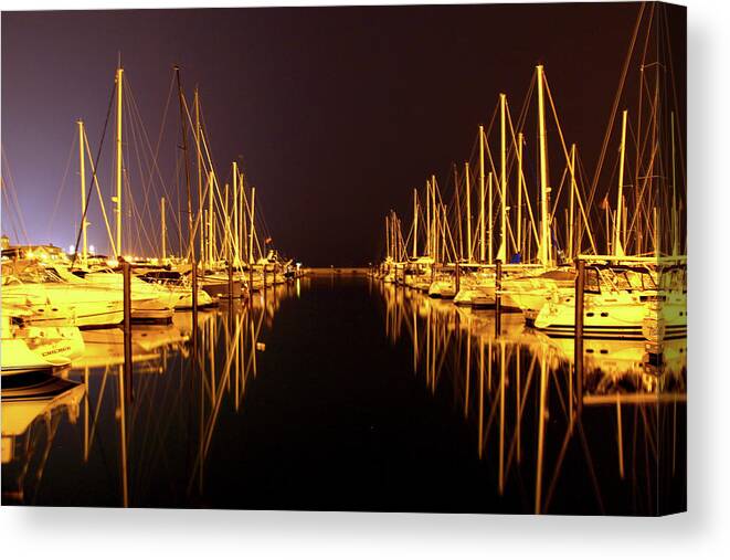 Waterscape Canvas Print featuring the photograph Sail Boat Lights Night Monroe Harbor by Patrick Malon
