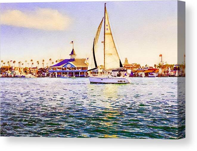 Travel Destination Canvas Print featuring the mixed media Sailboat at Newport Beach Watercolor by Susan Rydberg