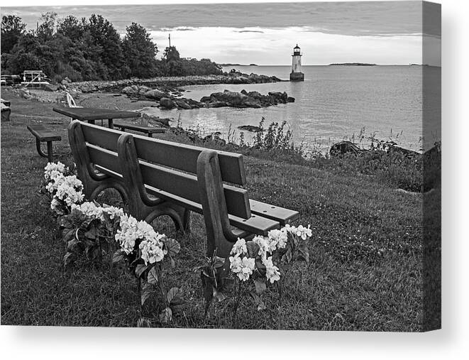 Salem Canvas Print featuring the photograph Salem MA Flower Bench Winter Island Pickering Light Sunrise Black and White by Toby McGuire