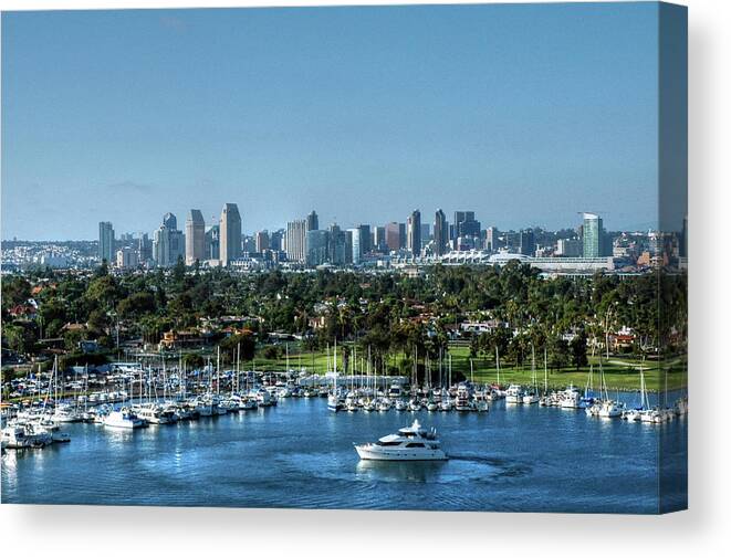 Blue Sky Canvas Print featuring the photograph San Diego Harbor with Cityscape - California by Bruce Friedman