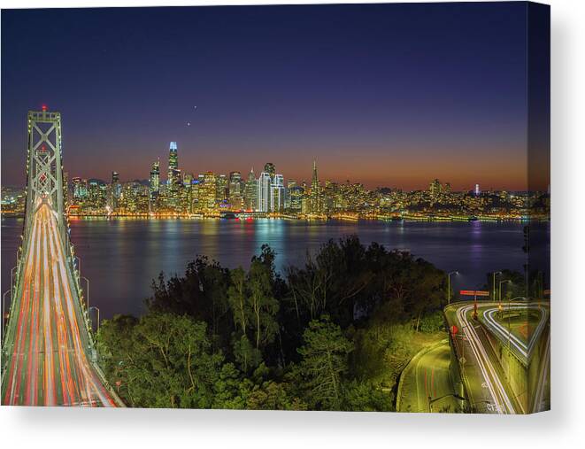 Bay Area Canvas Print featuring the photograph San Francisco Bay Bridge Nightscape by Scott McGuire