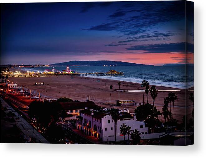 Santa Monica Pier Canvas Print featuring the photograph Santa Monica Pier And Catalina Island by Gene Parks
