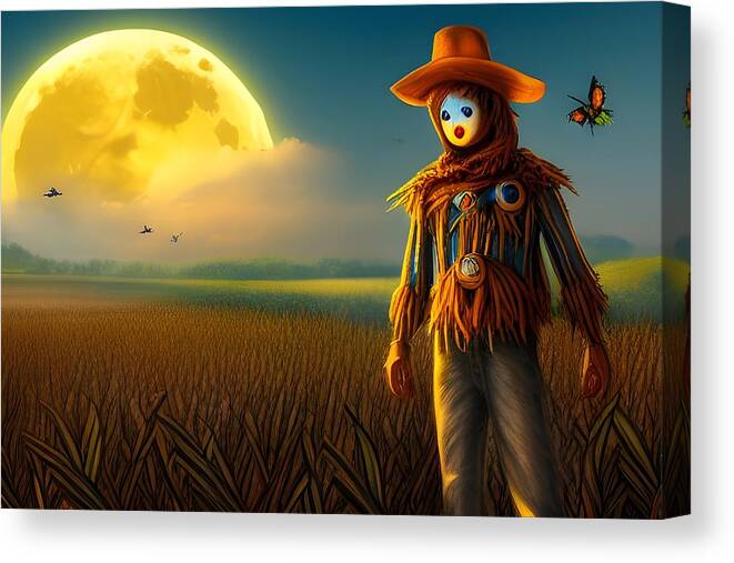 Digital Canvas Print featuring the digital art Scarecrow and Harvest Moon by Beverly Read