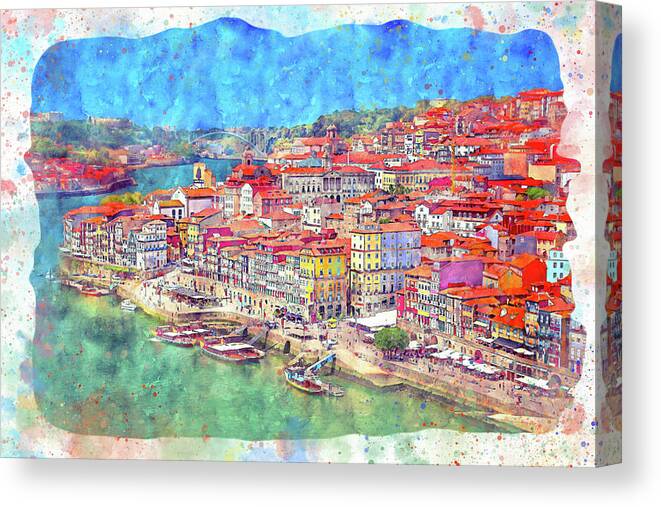 Porto Canvas Print featuring the photograph Scenes of Old Porto Portugal Watercolor by Carol Japp
