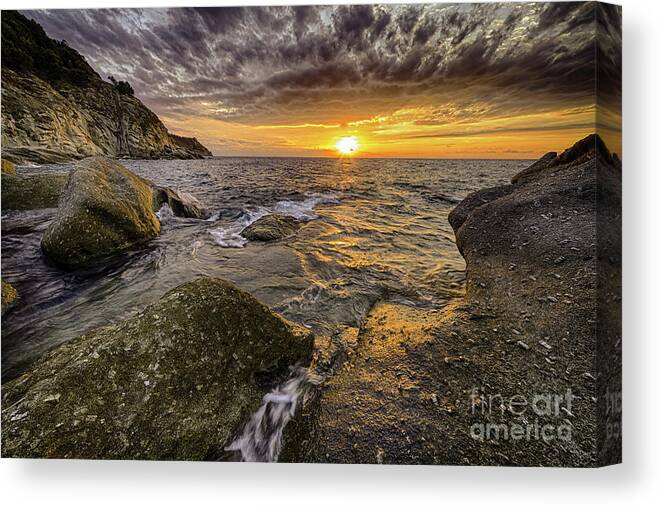 Andrew Canvas Print featuring the photograph Scenic coastal sunset on island of Elba in Tuscany by Vivida Photo PC