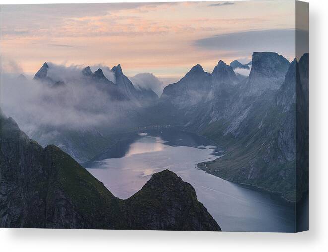 Tranquility Canvas Print featuring the photograph Scenic view of fjord in Norway by Oleh_Slobodeniuk