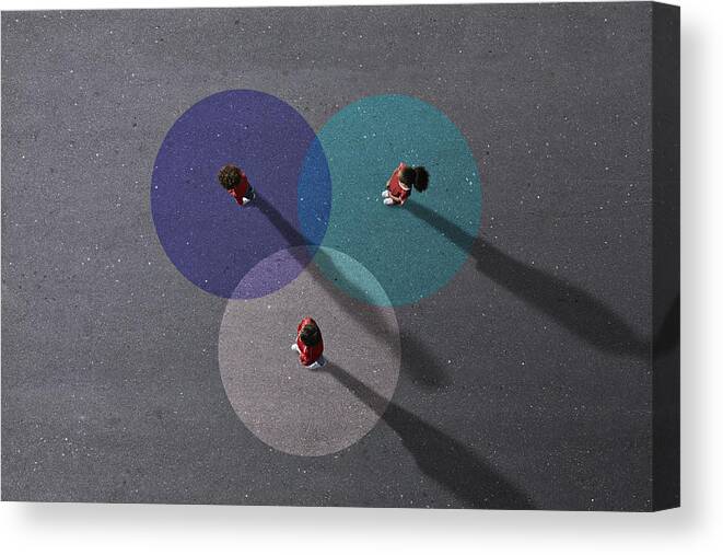 Shadow Canvas Print featuring the photograph School children in uniforms standing on painted Venn Diagrams by Klaus Vedfelt