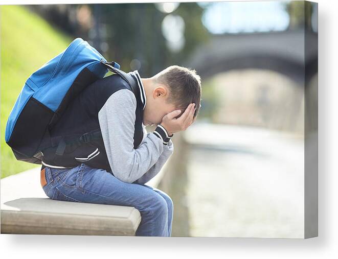 Lifestyles Canvas Print featuring the photograph Schoolboy Crying On The Street by Bodnarchuk