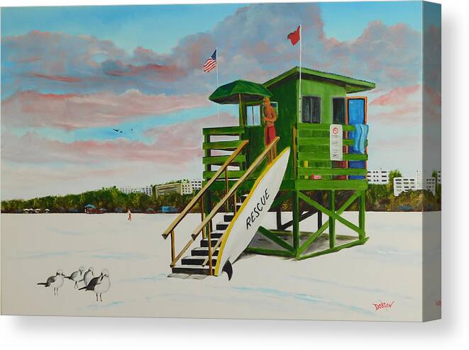 Scooter Green Lifeguard Stand Canvas Print featuring the painting Scooter At The Magical Green Lifeguard Stand On Siesta Key by Lloyd Dobson