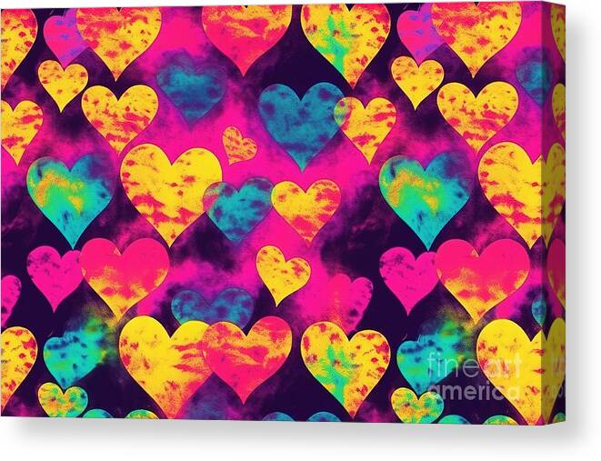Seamless Canvas Print featuring the painting Seamless Grungy Psychedelic Rainbow Heatmap Hearts Background Texture Trendy 80s Pink And Yellow Abstract Dopamine Dressing Love Or Valentines Day Fashion Motif Or Colorful Neon Wallpaper Pattern by N Akkash