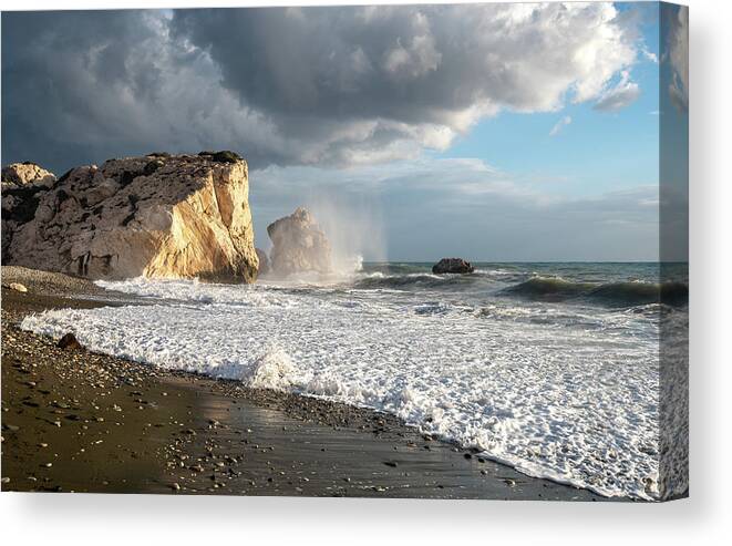 Seascape Canvas Print featuring the photograph Seascape with windy waves splashing on the coast by Michalakis Ppalis