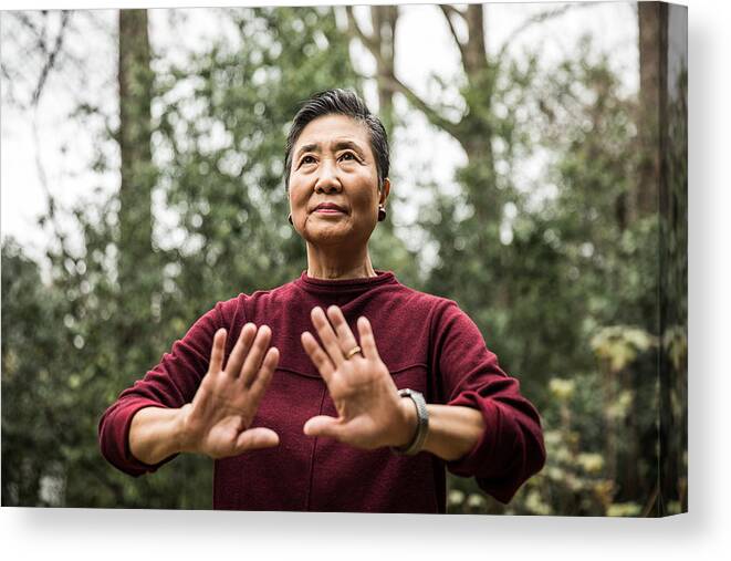 Atlanta Canvas Print featuring the photograph Senior woman doing Tai Chi outdoors by MoMo Productions