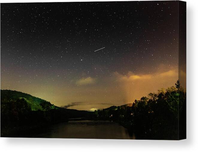 Night Canvas Print featuring the photograph Shooting Star Over The Upper Delaware River - Barryville NY Shohola PA Bridge by Amelia Pearn
