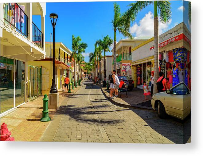 Trees; Travel; People; Color; Skies; Clouds Canvas Print featuring the photograph Shopping in Saint Maarten by AE Jones