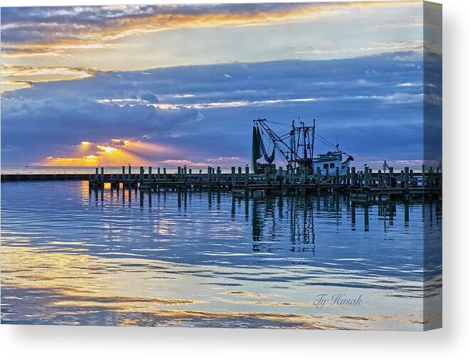 Sunrise Canvas Print featuring the photograph Shrimp Boat and Sun Rays by Ty Husak