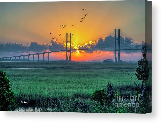 Bridges Canvas Print featuring the photograph Sidney Lanier Bridge Foggy Sunrise I by DB Hayes