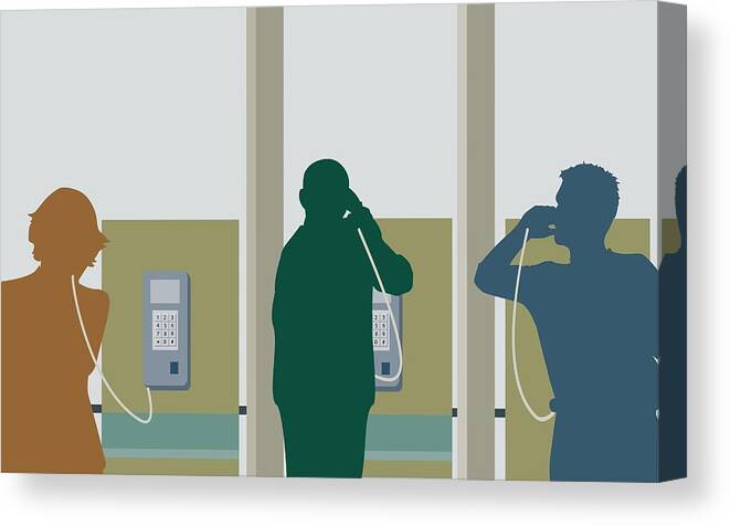 Young Men Canvas Print featuring the drawing Silhouette of two young men and a young woman talking on pay phones by ArtBox Images