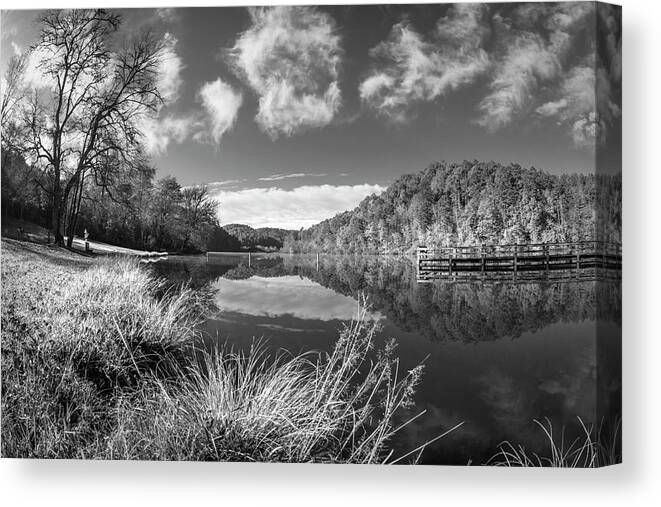 Carolina Canvas Print featuring the photograph Silver Grasses at the Docks Black and White by Debra and Dave Vanderlaan