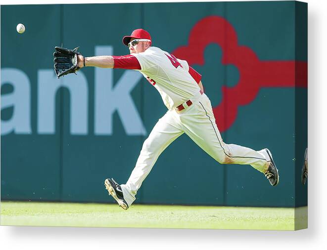 People Canvas Print featuring the photograph Skip Schumaker and Brandon Moss by Jason Miller