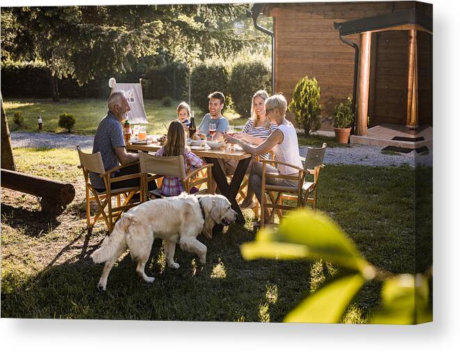 Pets Canvas Print featuring the photograph Smiling multi-generation family communicating during picnic lunch in the backyard. by Skynesher