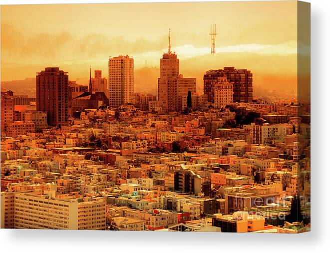 San Francisco Canvas Print featuring the photograph Smoky orange sky in San Francisco wildfire by Benny Marty