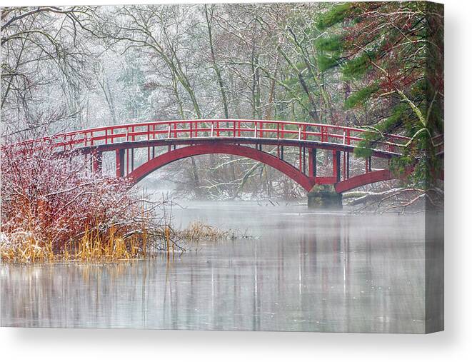 Sargent Bridge Canvas Print featuring the photograph Snow Covered Sargent Footbridge in Natick Massachusetts by Juergen Roth