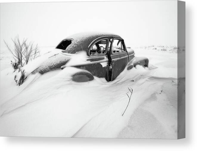 1947 Canvas Print featuring the photograph Snow Cruiser - 1947 Chevy Coup in a ND snow scene - black and white conversion by Peter Herman