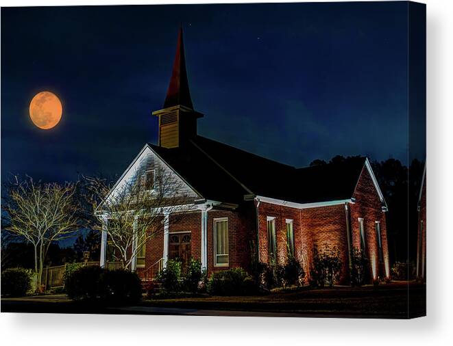 Live Oaks Church South Carolina Canvas Print featuring the photograph Snow Moon st Live Oaks Church by Joe Granita