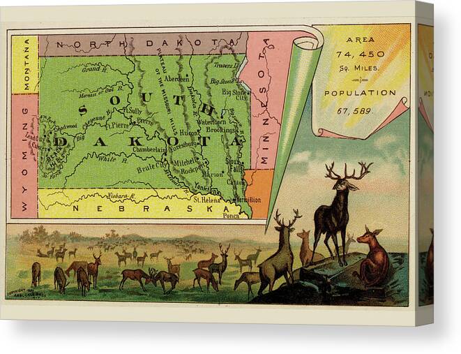 Maps Canvas Print featuring the drawing South Dakota by Arbuckle Brothers