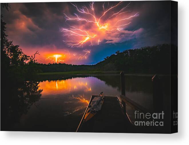 Spider Lightning Canvas Print featuring the photograph Spider Lightning Reflected on Little Hunting Creek at Night by Jeff at JSJ Photography