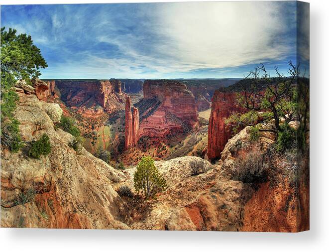 Spider Rock Canyon De Chelly National Monument Desert Canyon Panorama Indian Southwest Az Arizona Canvas Print featuring the photograph Spider Rock at Canyon de Chelly National Monument by Peter Herman