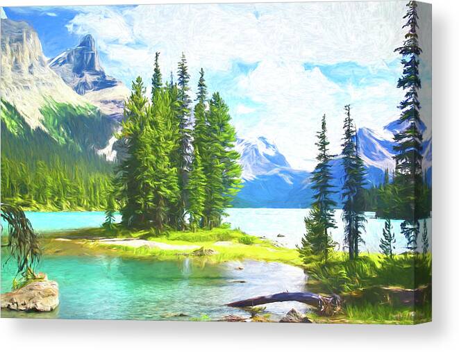Spirit Island Canvas Print featuring the digital art Spirit Island Jasper National Park Canada Paint Effect One by Mo Barton