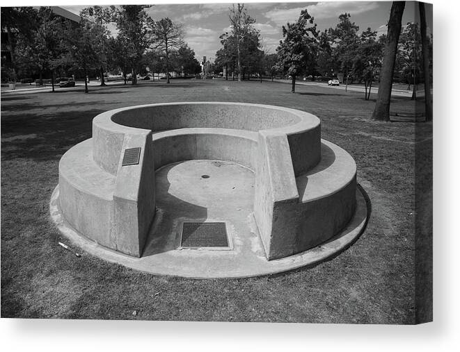 Spoonholder University Of Oklahoma Canvas Print featuring the photograph Spoonholder on the campus of the University of Oklahoma in black and white by Eldon McGraw