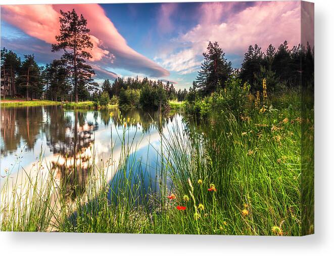 Mountain Canvas Print featuring the photograph Spring Lake by Evgeni Dinev