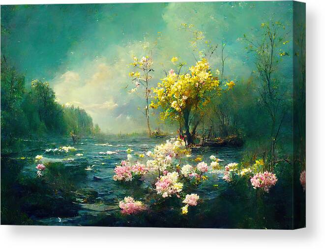 Lake Canvas Print featuring the painting Spring, Symphony of Nature, 09 by AM FineArtPrints