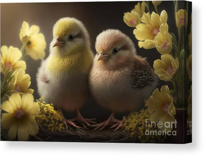 Easter Canvas Print featuring the digital art Springtime Magic, Photorealistic Easter Chicks Amidst Blossoming Flowers by Jeff Creation