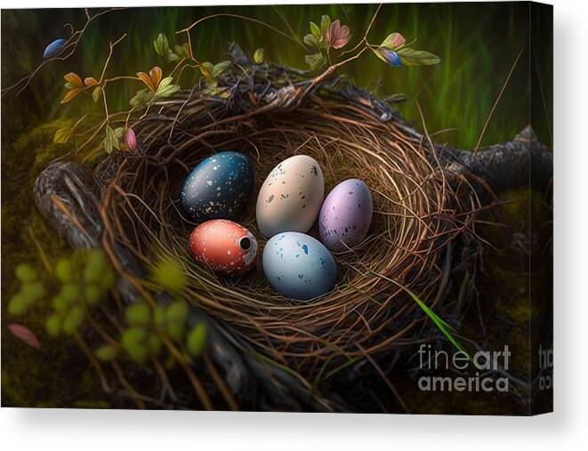 Springtime Canvas Print featuring the digital art Springtime Nest, Photorealistic Easter Eggs Colored in Nature's Embrace by Jeff Creation