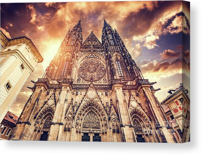 Prague Canvas Print featuring the photograph St. Vitus Cathedral, Prague, Czech Republic at sunset by Michal Bednarek
