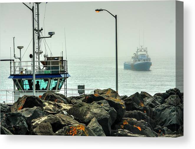 Foggy Lighthouse Boars Head Tiverton Nova Scotia Canada Sea Ocean Bay Of Fundy Trees Mist Fog Petit Passage Passage Provider Canvas Print featuring the photograph Stand Off by David Matthews