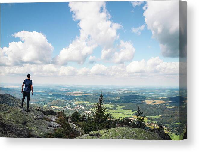 Outdoor Canvas Print featuring the photograph Standing on a rock in Jizera mountains by Vaclav Sonnek