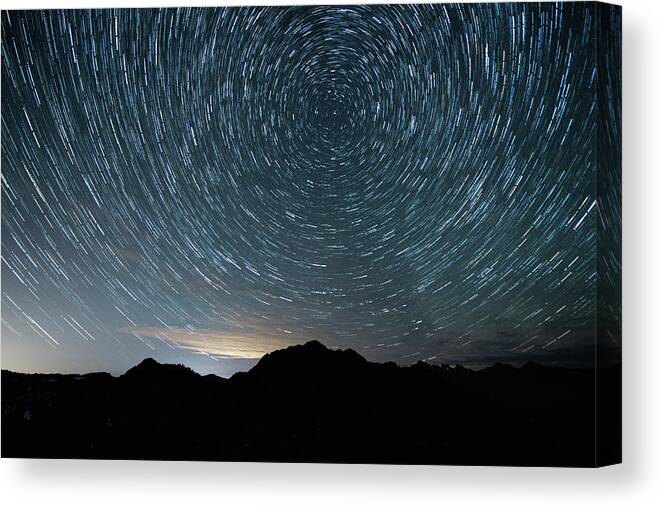 Outdoor; Milky Way; Star Trails; Mt Baker; Mt Baker Wilderness; Table Mountain; Mountains; Canvas Print featuring the digital art StarTrail in Mt Baker by Michael Lee